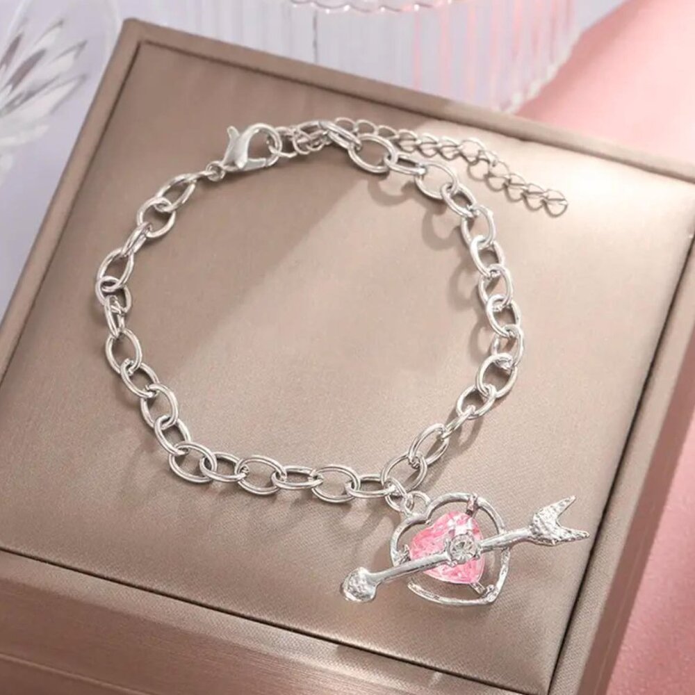 Brand New Silver Looped Chain Bracelet with Pink Heart & Arrow Hanging Charm